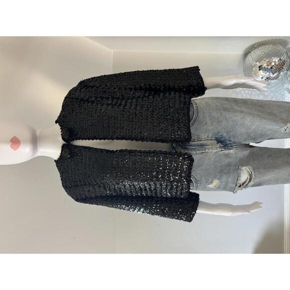 Vintage 1950s 60s Black Boxy Sequins Blazer Jackie O, Ruffle Trim, Size SM - Picture 1 of 7